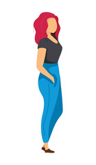 Poster - Trendy woman standing semi flat color vector character. Standing figure. Full body person on white. Happy girl isolated modern cartoon style illustration for graphic design and animation