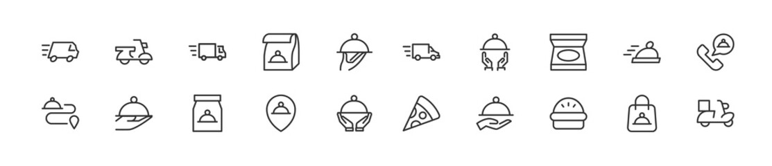 Sticker - Set of simple food delivery line icons.