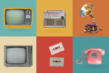 Retro Electronics Set. Nostalgic Collectibles From The Past 1980s - 1990s. Objects Isolated On Retro Color Palette With Clipping Path.