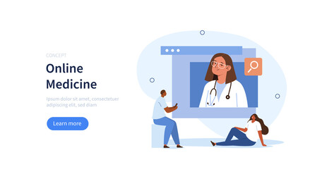 Wall Mural - 
Patients meeting with doctor online, having consultation and receiving digital prescription. Telemedicine and e-health concept. Vector illustration.