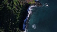 Swell On La Palma Black Sand And Volcanic Landscape, Aerial Descending