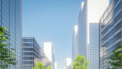 3d rendering of modern building or skyscraper in city. That is real estate, property, house or residential. Include tree, blue sky and sunlight. Concept for corporate, center of business and finance.