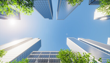 3d rendering of modern building or skyscraper in city. That is real estate, property, house or residential. Include tree, blue sky and sunlight. Concept for corporate, center of business and finance.