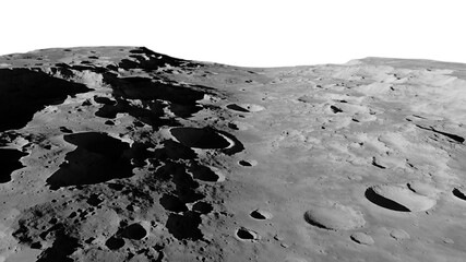 Wall Mural - moon surface, lunar landscape with impact crater isolated on white background