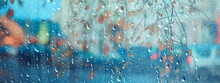 Wet Glass View Of Branches Park Autumn, Abstract Background Drops On The Window Evening November