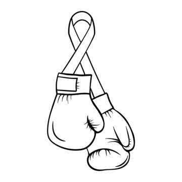 Line boxing gloves with ribbon. Breast cancer icon isolated on white background in outline style
