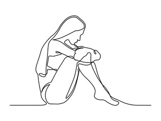 Beautiful sad woman sitting one line illustration