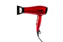 Modern Hair Dryer Red And Black Professional Technologic Appliance Beauty Spa On A Blank Background