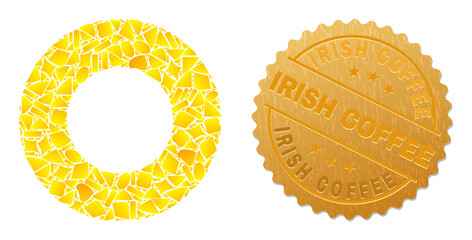 Wall Mural - Golden collage of yellow for donut icon, and gold metallic Irish Coffee seal. Donut icon collage is designed of random gold particles.