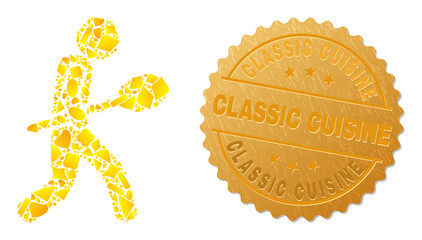 Sticker - Golden collage of yellow parts for spoon courier icon, and golden metallic Classic Cuisine stamp seal. Spoon courier icon collage is created with randomized golden parts.