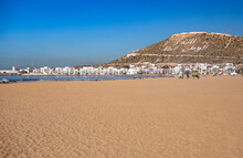 Agadir Main Beach In Agadir City, Morocco. Agadir Is A Major City In Morocco Located On The Shore Of The Atlantic Ocean.