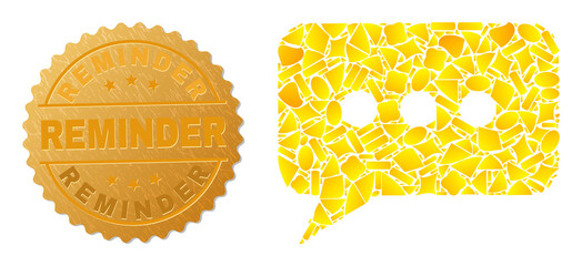 Wall Mural - Golden combination of yellow particles for chat message icon, and gold metallic Reminder badge. Chat message icon composition is constructed of random golden elements.