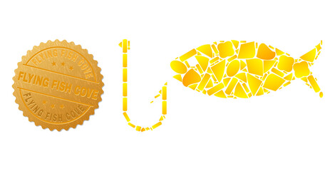 Golden mosaic of yellow elements for fishing icon, and golden metallic Flying Fish Cove stamp seal. Fishing icon mosaic is formed with random golden.