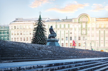 Wall Mural - Monument to Dostoevsky at the Lenin Library in Moscow and a girl