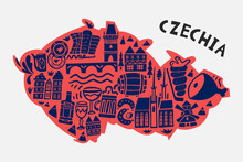 Vector Hand Drawn Stylized Map Of Czechia Landmarks. Travel Illustration. Czech Republic Geography Illustration. Europe Map Element