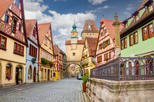 Rothenburg Ob Der Tauber Famous Street View. Traditional Bavarian Houses In Germany.
