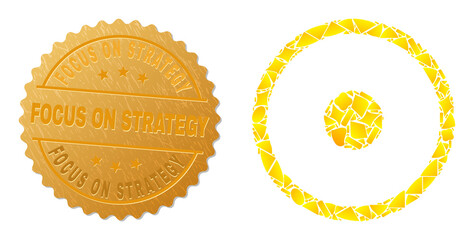 Wall Mural - Golden composition of yellow spots for circle center icon, and gold metallic Focus on Strategy stamp seal. Circle center icon collage is created from randomized golden spots.