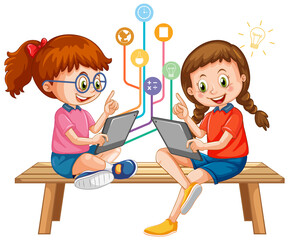 Wall Mural - two girls using tablet with education objects
