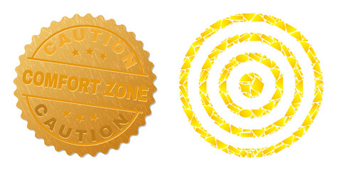 Wall Mural - Golden combination of yellow for concentric circles icon, and golden metallic Caution Comfort Zone seal. Concentric circles icon composition is made of randomized gold parts.