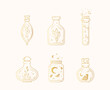 Celestial golden jars and flacons set. Hand drawn  bottles of magic potion isolated on white. Vector illustration for witchcraft.