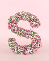 Wall Mural - Creative letter S concept made of fresh Spring wedding flowers. Flower font concept on pastel pink background.