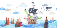 Pirate Ship On The Waves Among The Rocks. Reefs In The Sea. Watercolor Poster. Illustration Of A Pirate Ship With Cute Animal Travelers. Friends Pirates On A Sea Adventure.