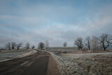 Fototapeta Na sufit - empty road by the farming land with frost with trees and hill and cloudy sky