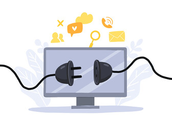 Digital detox, monitor screen with unplagged socket. Freedom from smartphones, social media and internet. Disconnect offline devices