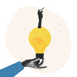 © Lustre - Contemporary art collage. Creative design. Businessman standing on lightbulb and looking in telescope