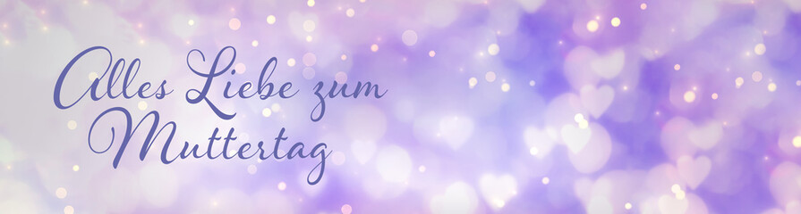 Wall Mural - Happy Mother's Day greeting card with German text - Abstract purple, violet bokeh hearts background
