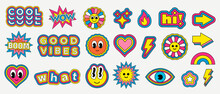 Cool Trendy Retro Stickers Collection. Set Of Funny Character Emoticons. Pop Art Elements.