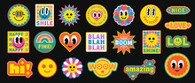 Cool Trendy Retro Smile Positive Stickers Set. Collection Of Various Patches With Emoticons And Phrases.