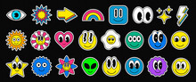 Cool Cartoon Smile Emoticon Character Stickers Collection. Set Of Trendy Cute Funny Patches. Pop Art Elements.