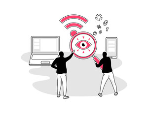 Fototapete - Illustration of public wi-fi security risks symbol with a laptop and a spy magnifier. Easy to use for your website or presentation.