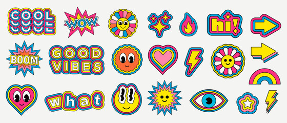 Poster - Cool Trendy Retro Stickers Collection. Set of Funny Character Emoticons. Pop Art Elements.
