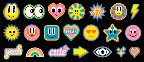 Sticker - Cool Trendy Smile Stickers Set. Collection of Cute Cartoon Characters Vector Design. Colorful Retro Patches.