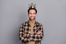 Portrait Of Attractive Content Cheerful Guy Wearing Checked Shirt Diadem Folded Arms Isolated Over Grey Color Background