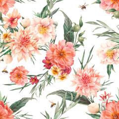  Floral classic seamless pattern. Peony flowers, rose, greenery watercolor texture. Elegant wallpaper design, fabric or wrapping paper print