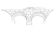 Car Moving Across The Bridge, Vector Cartoon Stick Figure Illustration