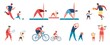© Frogella.stock - Family sport activity, parents with children exercise together. Father and son playing football, riding bikes, active families vector set. Mom, dad and daughter practicing yoga, having leisure
