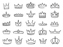 Hand Drawn Crowns Logo, King Or Queen Crown Doodles. Princess Tiara, Sketch Diadem With Precious Gems, Royal Symbol Doodle Vector Set. Luxury Royalty Symbols Collection Isolated On White