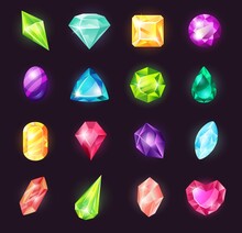 Cartoon Gemstones, Magic Crystals, Jewel Stone, Precious Gems. Shiny Magical Stones For Game Design, Diamond Gem, Jewelry Crystal Vector Set. Multicolor Objects Of Different Shapes For Gui Game
