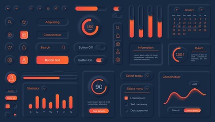 dark neumorphic user interface elements with neon buttons and bars. black neumorphism style dashboar