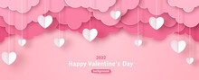 Happy Valentine's Day Sale Header Or Voucher Template With White Hanging Hearts. Poster Or Banner With Pink Paper Cut Clouds. Place For Text.