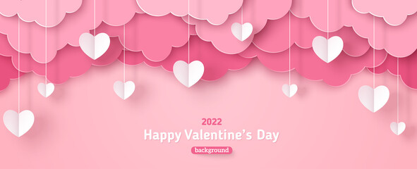 happy valentine's day sale header or voucher template with white hanging hearts. poster or banner wi