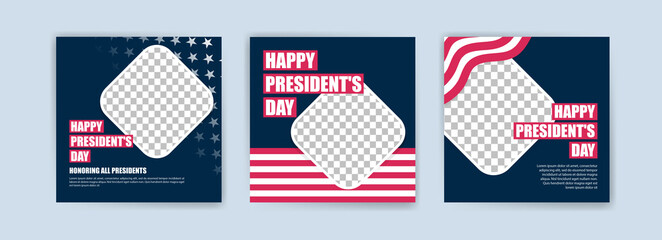 Wall Mural - US President's Day greeting card displayed with the national flag of the United States of America. Social media templates for US president's day.