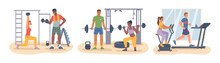 Cardio And Lifting Exercises For People In Gym, Working Out And Keeping Fit. Man With Barbell And Dumbbell, Lady On Bike And Male On Running On Treadmill. Active Lifestyle Vector In Flat Style