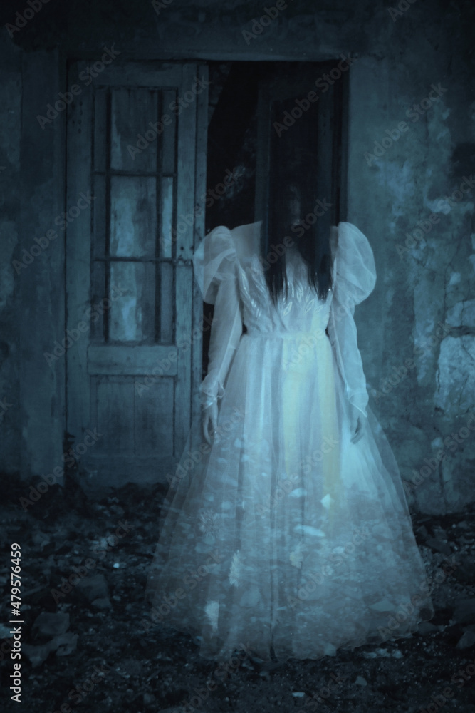 Spooky woman in a white dress in the field for designer's work Stock Photo  | Adobe Stock