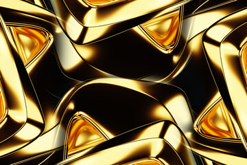 Dark gold background, abstract figure, luxurious golden shapes, on a black background. Gold waves, metal lines, elegant background, Geometric design. 3D render, 3D illustration.