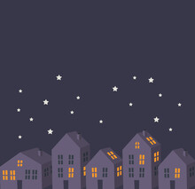 Beautiful Winter, December Christmas Simple Illustration With Snowy Night And Little Town, Houses With Lights Vector